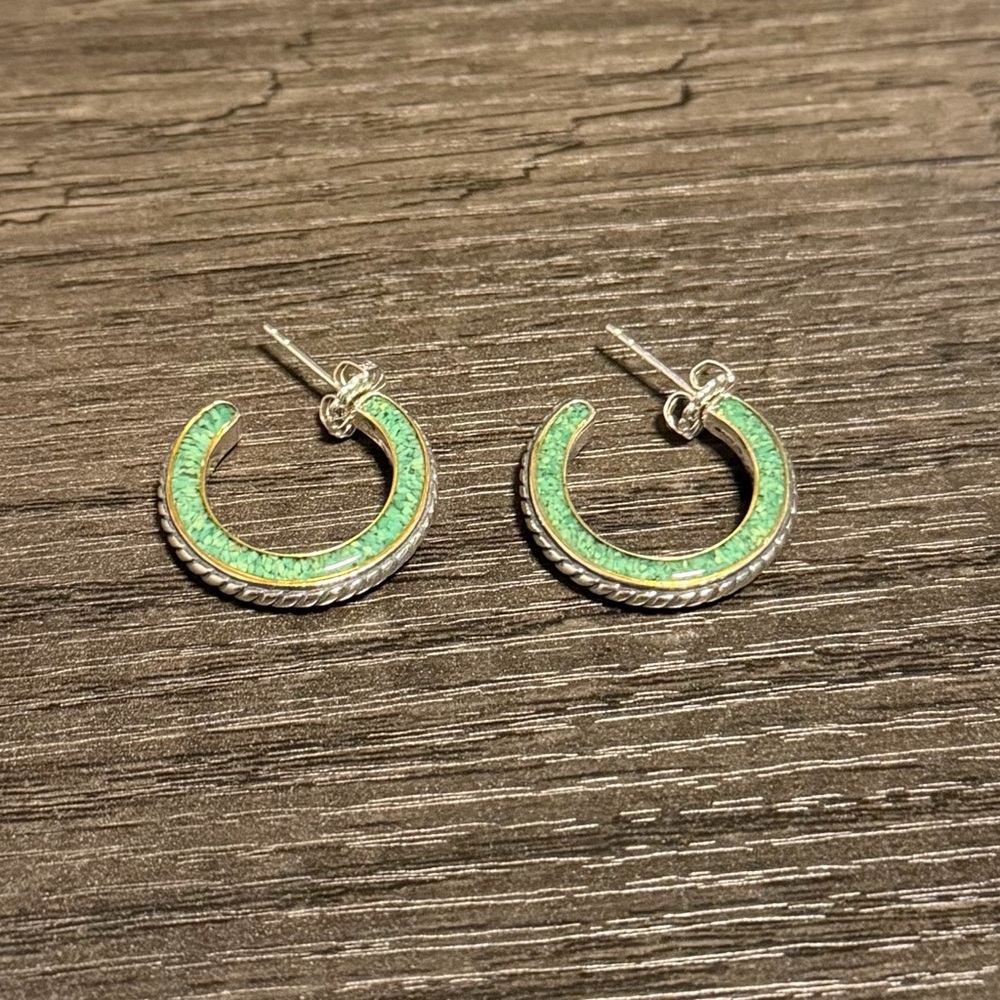 Carolyn Pollack Relios 925 Sterling Silver & Green Turquoise Cable Hoop Earrings